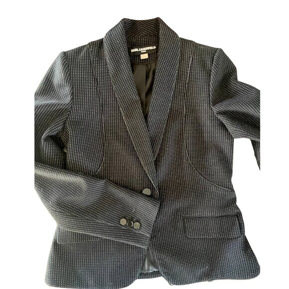 Karl Lagerfeld PARIS Black w/ White Dot Blazer w/ Zipper Trim 6 -GORGEOUS - Picture 11 of 15